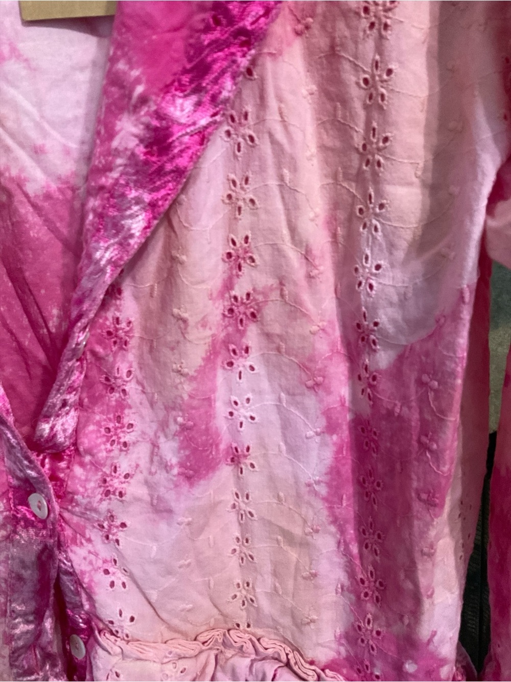 NWT A Rare Bird Handmade Pink Tie Dye Eyelet Velvet Ruffle Jacket S/M Boho - Picture 5 of 6